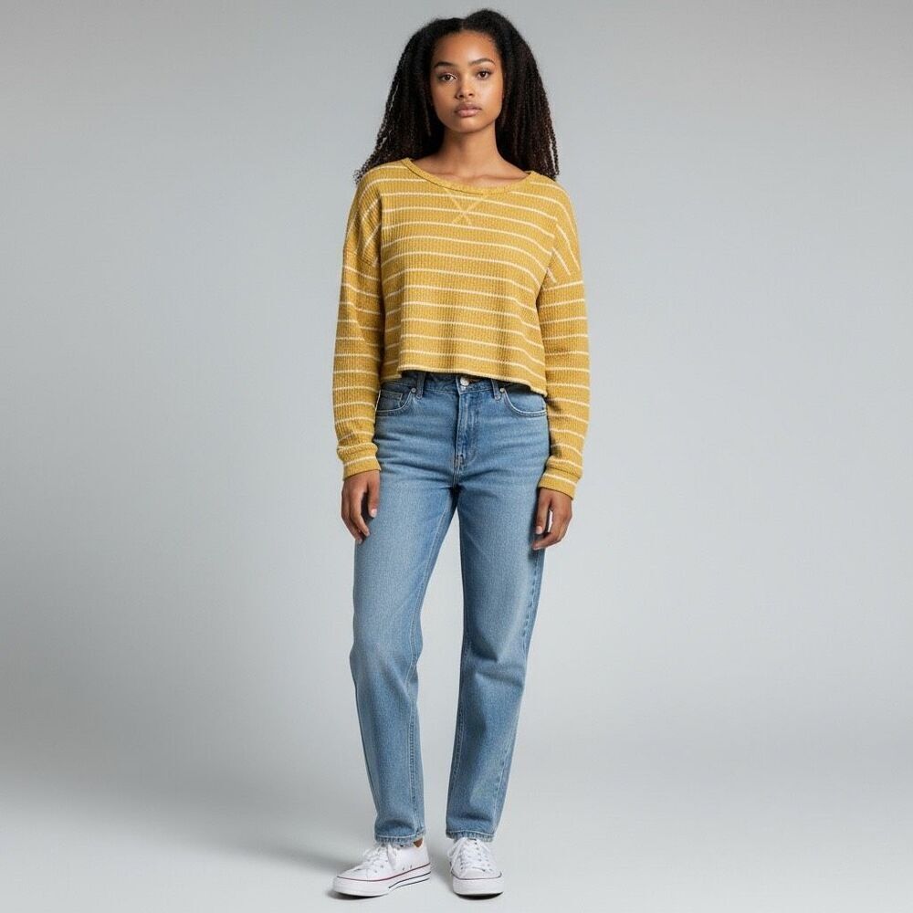 Charlotte Russe Yellow & White Striped Crop Top Long Sleeve Round Neck size L